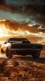 Classic muscle car on desert track under sunset sky.