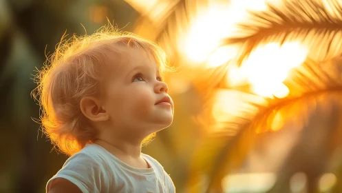 Child portrait with golden hour backlighting and sunflower foliage.