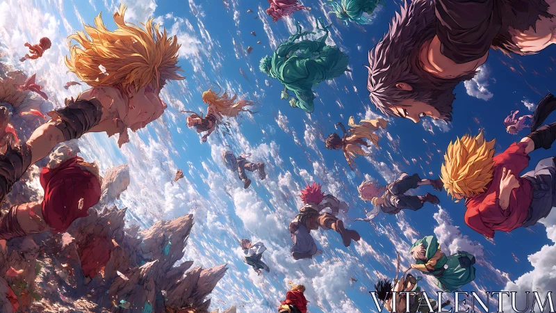 Dynamic midair fantasy battle with warriors above sunlit clouds