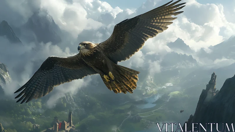 Majestic Eagle Soaring Over Fantasy Mountain Landscape in Realistic Style.