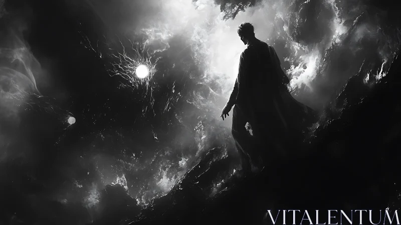 Dark cloaked figure stands in swirling cosmic storm.