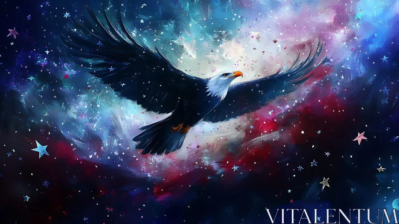 Majestic eagle soaring through cosmic galaxy in digital art style.