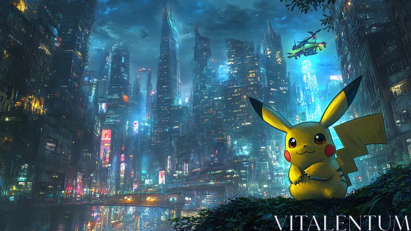 Pikachu positioned before dense illuminated future cityscape.