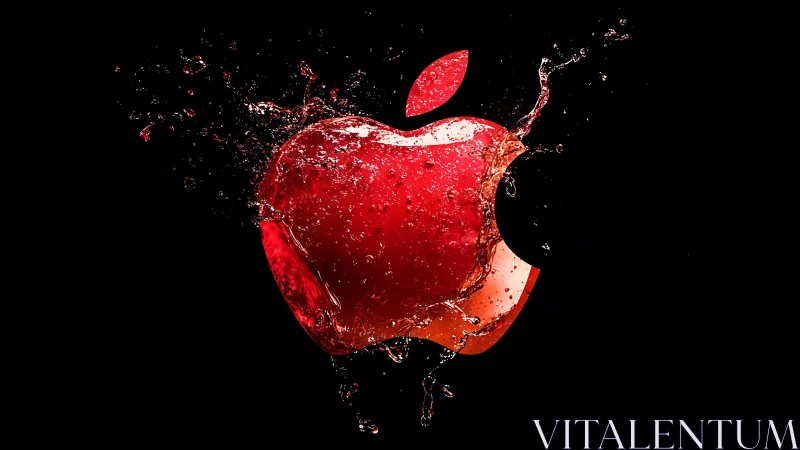 Red liquid apple emblem with splashing water on black background.