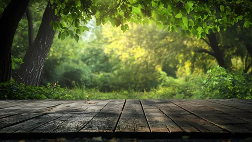Wooden Deck in Forest Clearing With Tree Canopy