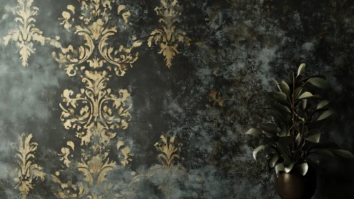 Dark damask wall with patina and potted foliage plant.