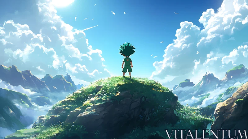 Solitary anime figure surveying luminous mountain panorama