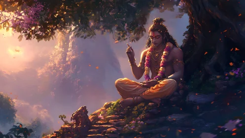 Seated figure meditates beneath large tree in forest setting