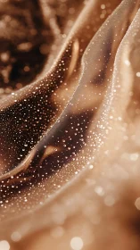 Macro shot of dew on translucent golden fabric folds