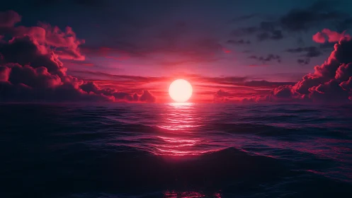 Radiant pink sunset glows softly above a calm open ocean