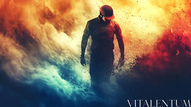 Bipedal silhouette dissolving through dual thermal gradient field.