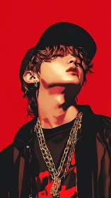 Digital painting portrait with bold red background and chains.