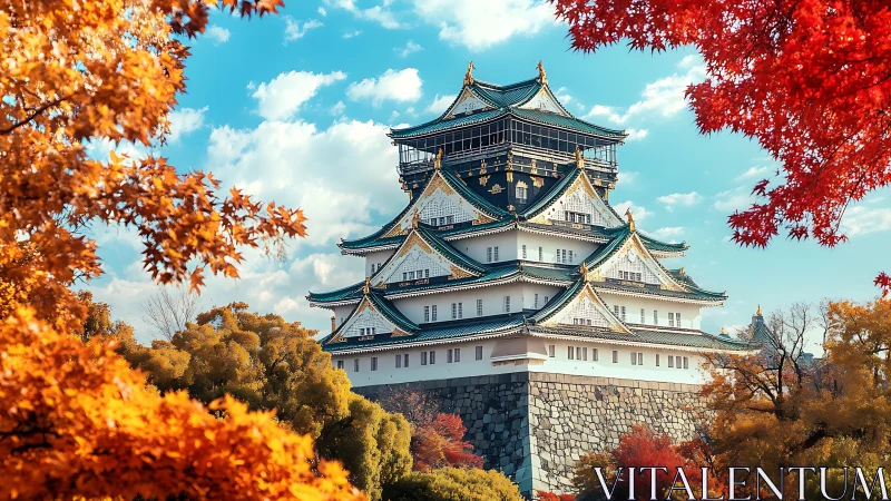 Autumn-lit Japanese castle rising through a blaze of crimson leaves.