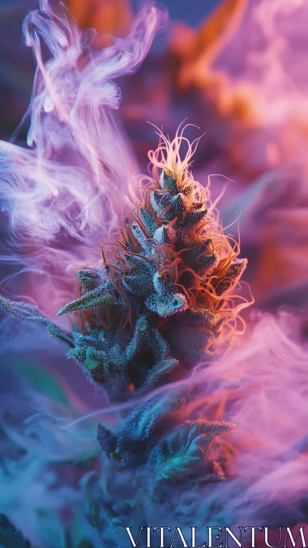 Neon cannabis bud glows through swirling colored smoke
