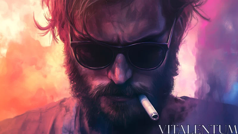 Bearded man in sunglasses smokes under neon vapor haze