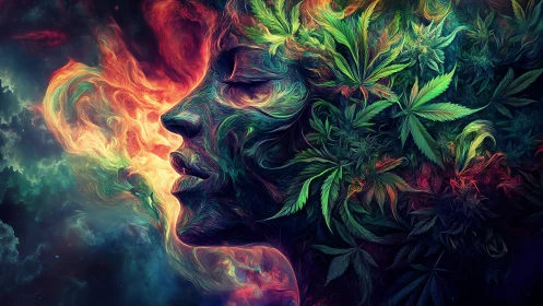 Luminous dreamer woven with leaves, fire, and swirling night.