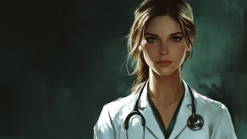 Clinical portrait of focused physician in painterly chiaroscuro.
