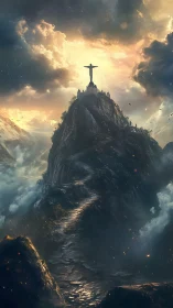 Statue crowned by stormlit clouds rises above a sacred peak