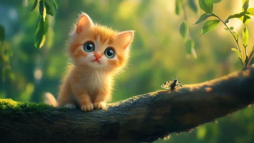 Ginger Kitten on Mossy Branch with Butterfly.