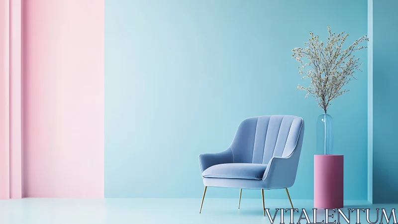 Pastel lounge chair in minimalist blue and pink interior.
