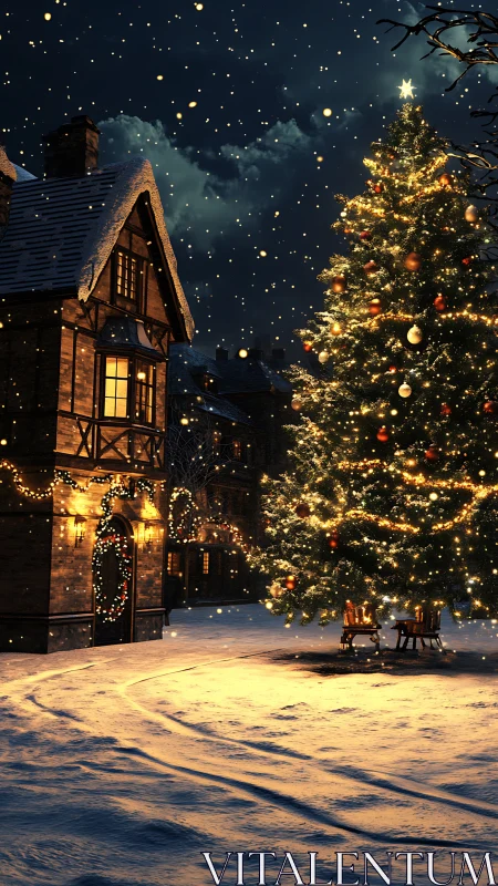Snow covered village square with illuminated Christmas tree.