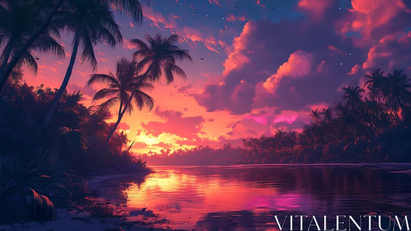 Tropical coastline is rendered under saturated sunset lighting