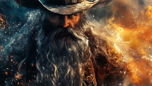 Aged gunslinger portrait within fire and embers diffusion storm