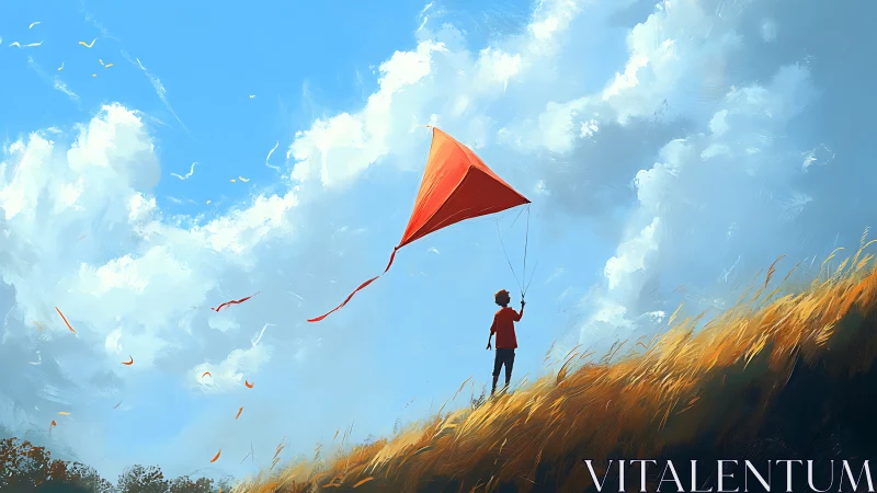 Boy with red kite under sweeping cumulus sky at dusk.