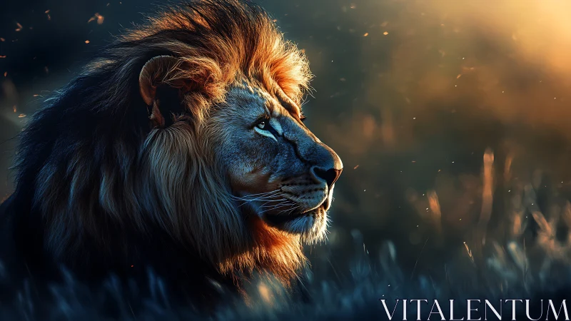 Cinematic profile study of a lion in rim-lit golden dusk.