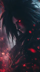 Crimson-eyed warrior portrait in ember-filled atmosphere.