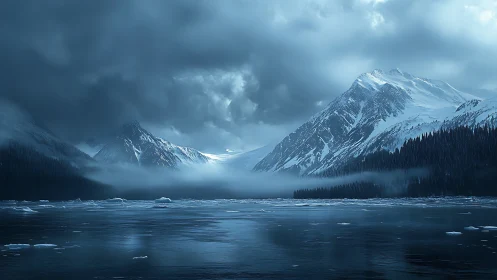 Snow-covered mountain lake under dense storm cloud layer.