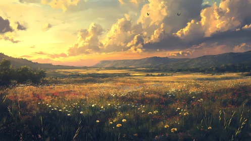 Sunlit wildflower plain unfolds under cumulonimbus sunset sky