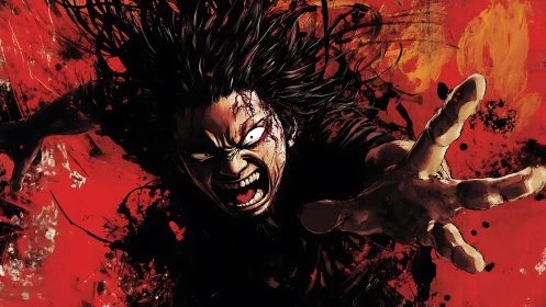 Frenzied figure lunging forward in intense red chaos.