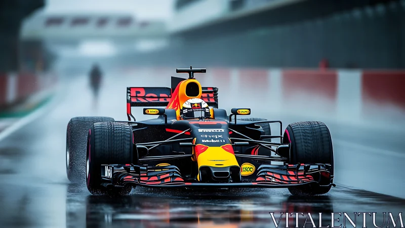 Formula race car on wet pit lane during rain test session.
