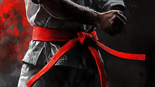 Martial artist torso with red belt rendered in dynamic chiaroscuro