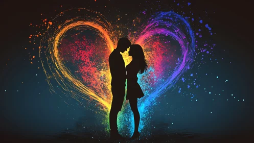 Silhouetted figures with heart-shaped particle effects.