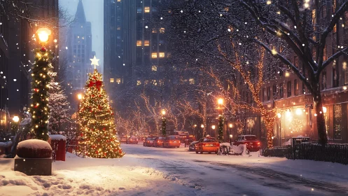 Snowy city street glows with cozy Christmas lights and cheer