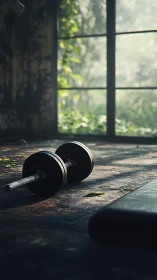 Quiet dumbbell daydream under ivy-draped warehouse windows.