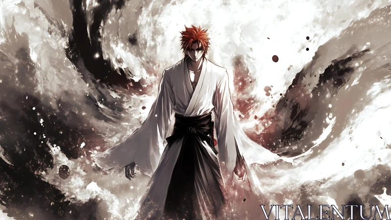 Red haired swordsman in white robe stands amid swirling ink clouds