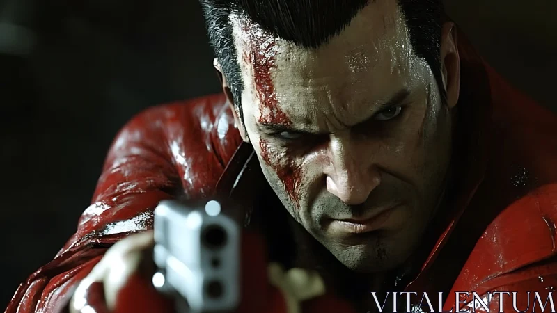 Digital close-up renders a wounded man aiming handgun