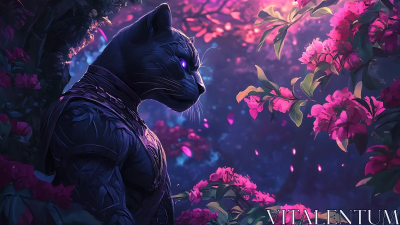Neon Cat Among Magenta Blossoms in Cyberpunk Garden.