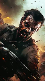 Zombie soldier advances with weapon in high-detail render