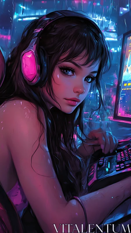 Neon-lit gamer girl immersed in a dreamy digital night.