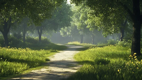 Tree-lined rural pathway with dappled sunlight filtering through canopy.