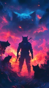 Cat-headed warrior stands in burning landscape under giant feline