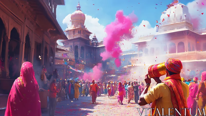 Color powder celebration in courtyard of historic temple complex.