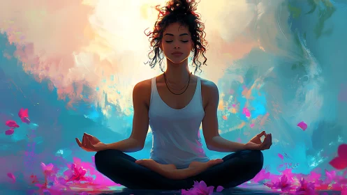 Serene woman meditating in soft colorful dreamlike light.