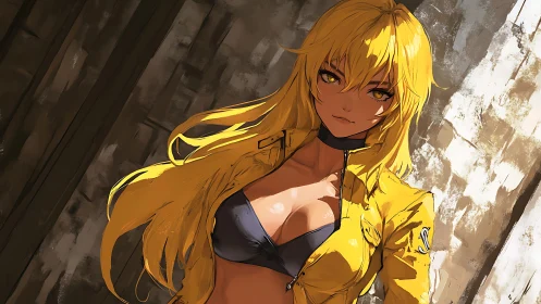 Golden-haired fighter in yellow jacket under gritty light.