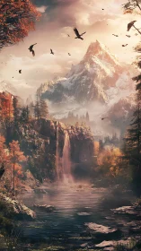 Golden mountain waterfall refuge wrapped in gentle autumn light.