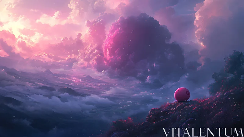 Surreal pink storm cloud rises above misty alien valley.